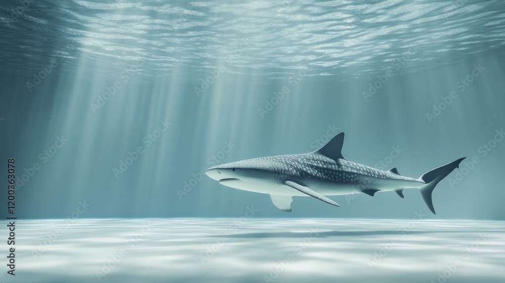 Fototapeta premium Majestic shark swimming underwater in sunlit ocean.