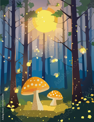 Fireflies in a magical forest with tall trees and glowing mushrooms, twilight sparkle