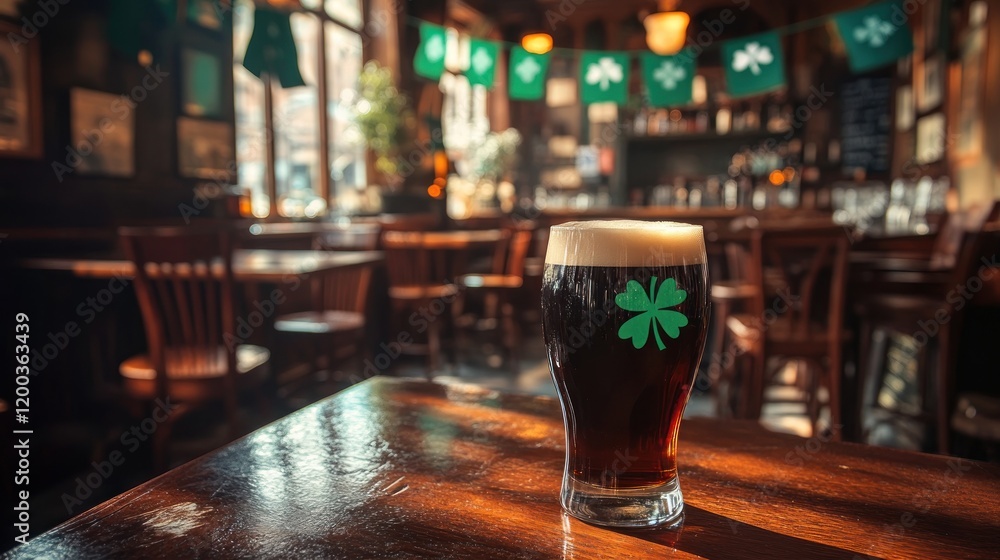 Irish pub interior, dark beer, St. Patrick's Day decorations, empty tables Irish pub interior, dark beer, St. Patrick's Day decorations, empty tables