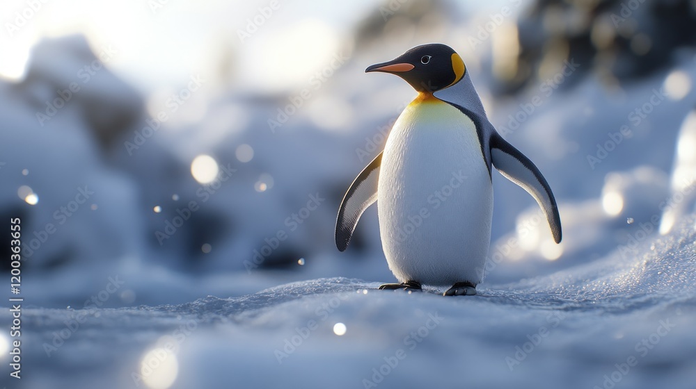 Obraz premium Majestic king penguin standing on snow, sunlit background.