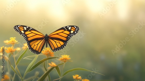 Monarch butterfly on yellow flowers in soft sunlight.