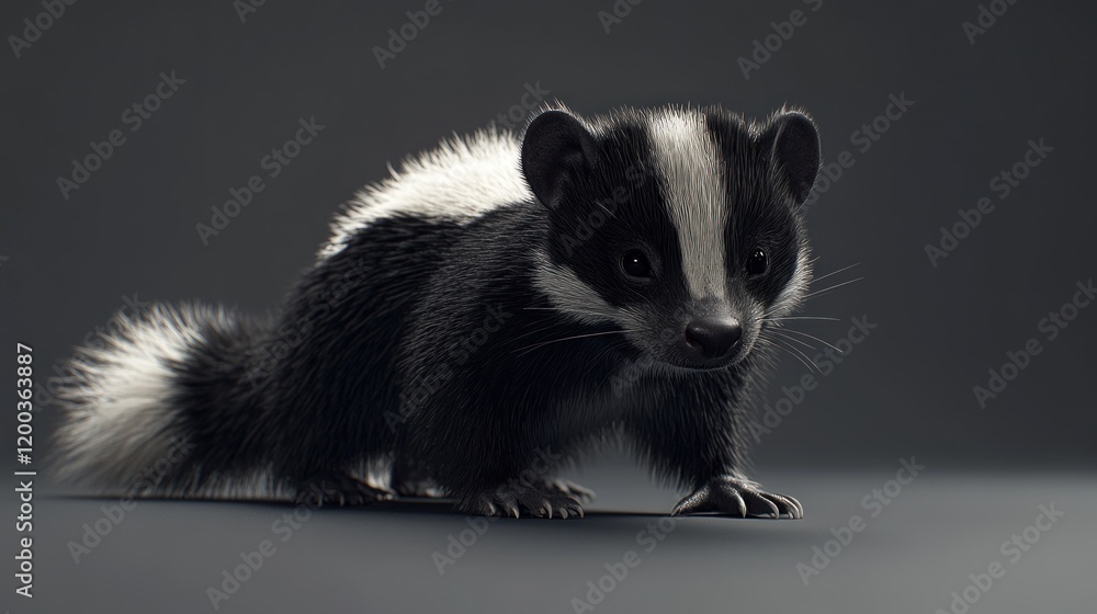 Obraz premium Adorable baby skunk with black and white fur, sitting on a dark gray background.