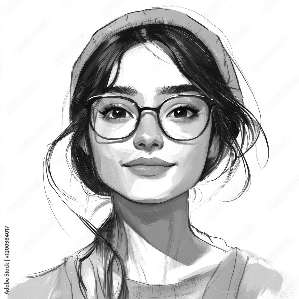 Monochrome portrait of a young woman wearing glasses and a beanie. Monochrome portrait of a young woman wearing glasses and a beanie.