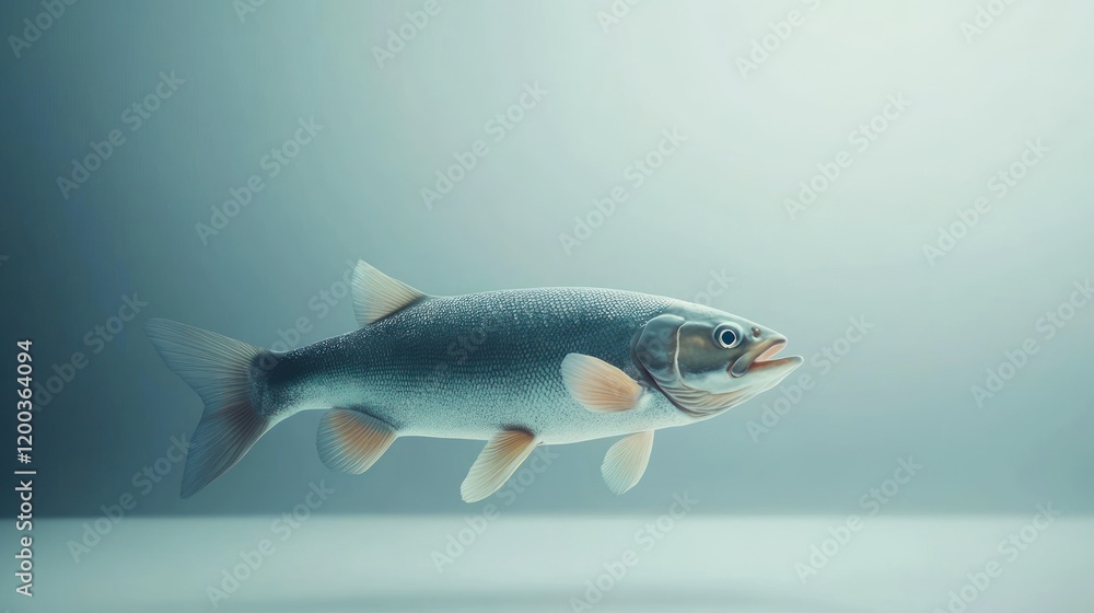 A single, pale fish swims in a light blue, underwater setting. A single, pale fish swims in a light blue, underwater setting.