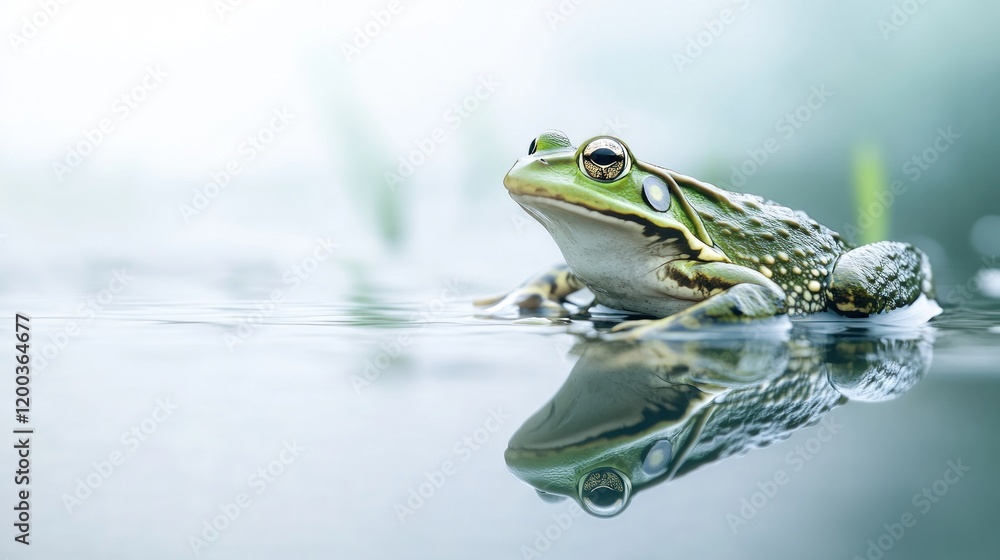 Green frog floating on calm water, reflecting its image. Green frog floating on calm water, reflecting its image.