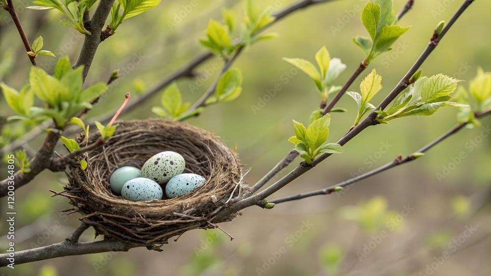 A delicate bird nest with speckled blue eggs nestled among fresh green branches in a serene spring setting. A symbol of renewal, nature, and new beginnings. A delicate bird nest with speckled blue eggs nestled among fresh green branches in a serene spring setting. A symbol of renewal, nature, and new beginnings.