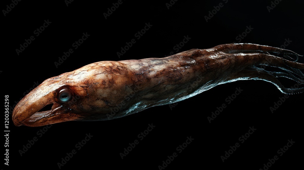 Fototapeta premium Deep sea creature, pale, elongated body, visible eye, eight tentacles, dark background.