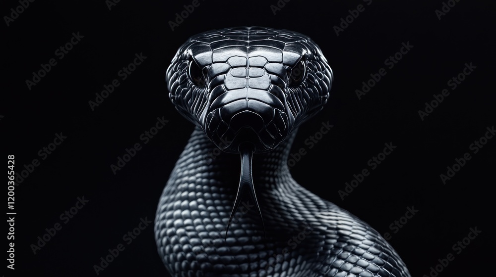 Fototapeta premium Close-up of a black snake's head and upper body, rendered in dark tones against a black background.