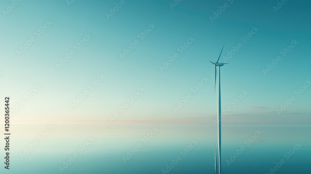 Obraz premium Single wind turbine reflected in calm water at sunrise.