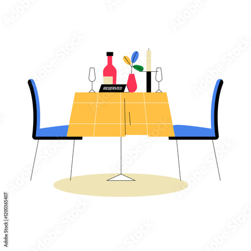 Reserved Table With Wine Bottle And Decor In Flat Vector Illustration Symbolizing Luxury Dining And Romantic Atmosphere, Isolated On White Background