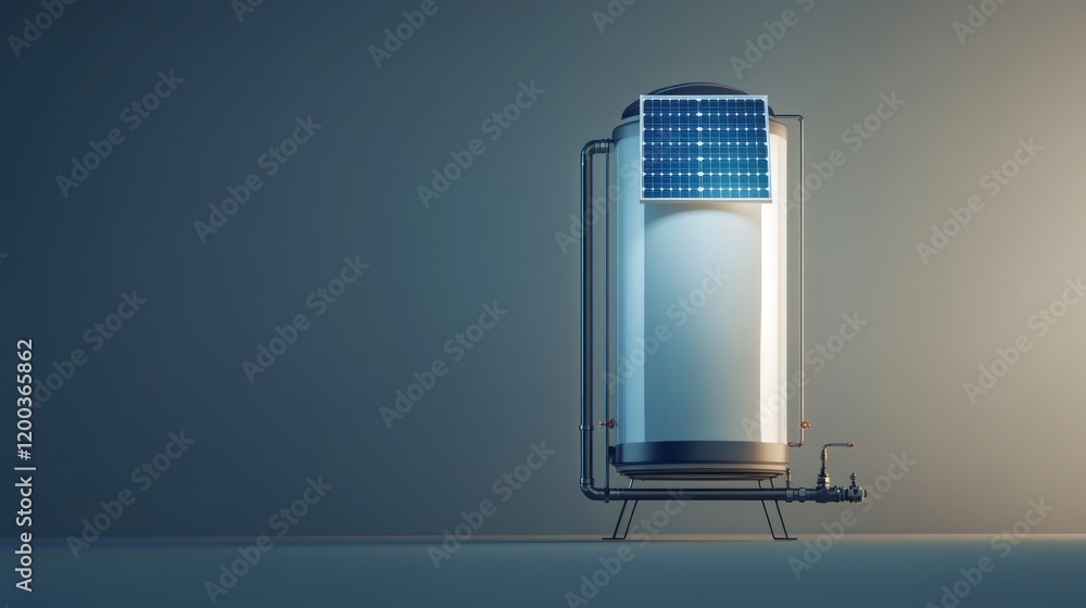 Solar-powered water heater tank with panel on top. Solar-powered water heater tank with panel on top.