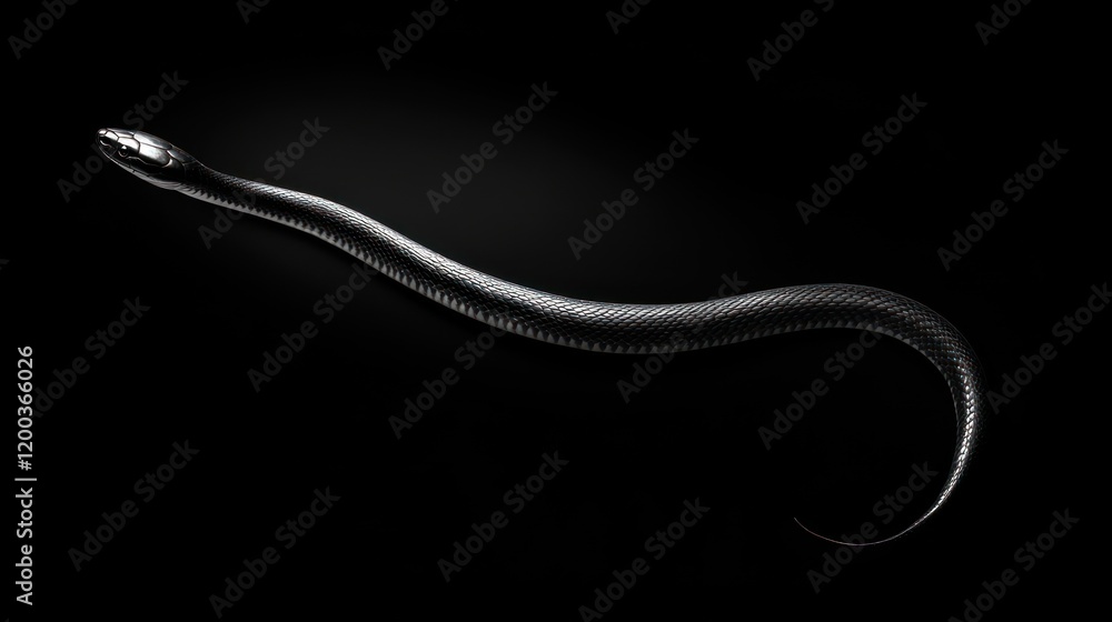 Obraz premium Black snake elegantly curved on a black background, studio shot.