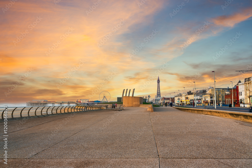 Blackpool promenade at beautiful sunset. England Blackpool promenade at beautiful sunset. England
