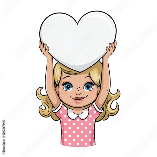 A vector illustration of a happy little girl with blonde hair and blue eyes. She is wearing a pink dress with white polka dots and a white collar. The girl is holding a white heart above her head. 