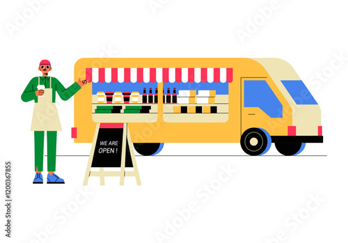 Food Truck With Male Vendor Serving Customers In Flat Vector Illustration Symbolizing Street Food, Mobile Dining, And Culinary Creativity, Isolated On White Background