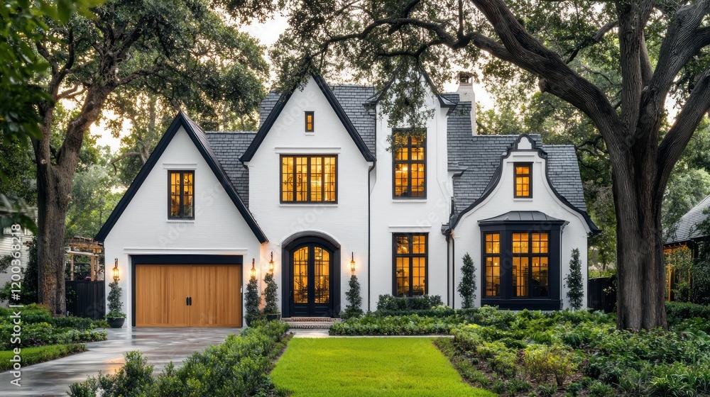 A white Gothic-style home with navy blue wood accents, black-trimmed windows, and a walnut garage door A white Gothic-style home with navy blue wood accents, black-trimmed windows, and a walnut garage door