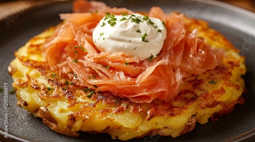 Gourmet take Swiss rosti with crispy potatoes smoked salmon and a dollop of crme frache photo