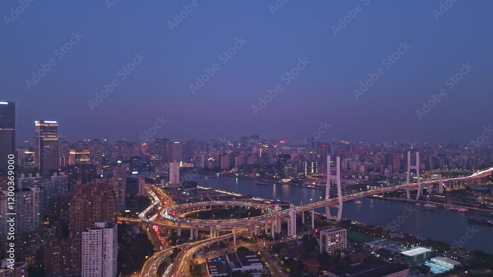custom made wallpaper toronto digital4K Real Time Aerial view of NanPu Bridge at night in Shanghai