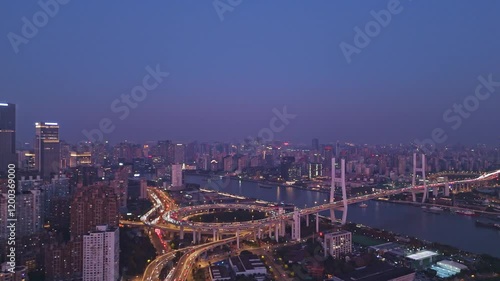 Wallpaper Mural 4K Real Time Aerial view of NanPu Bridge at night in Shanghai Torontodigital.ca