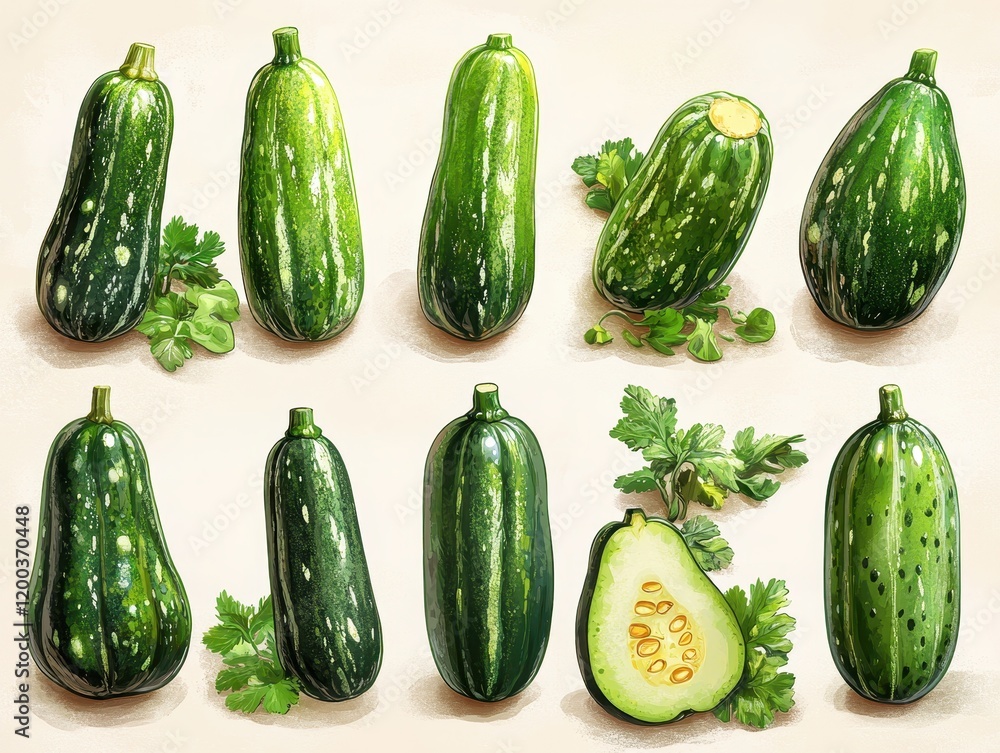 A collection of green zucchinis and cucumbers with fresh herbs. A collection of green zucchinis and cucumbers with fresh herbs.