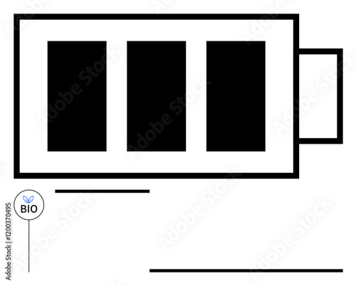 Black battery icon with three energy levels, bio icon signifying eco-friendliness. Ideal for renewable energy, sustainability, innovation, green tech, clean energy, eco-design, abstract line flat