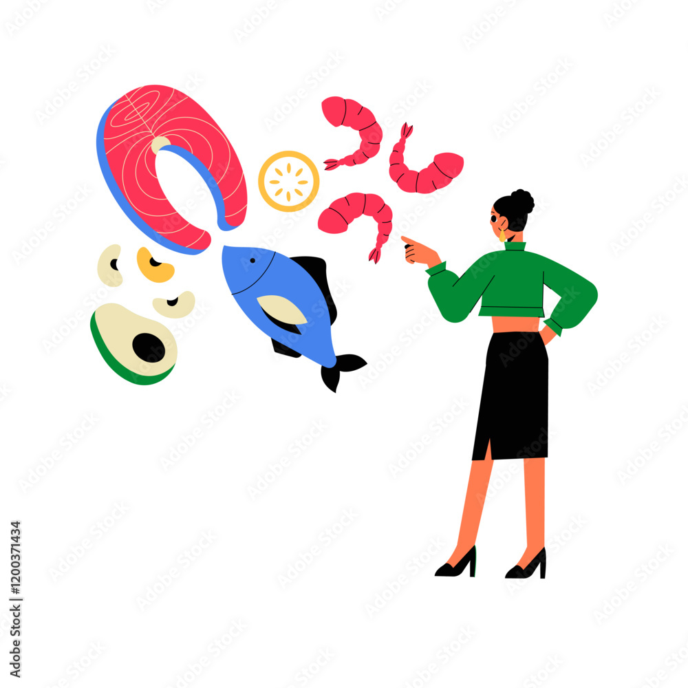 Obraz premium Woman Displaying Seafood Ingredients In Flat Vector Illustration Symbolizing Healthy Cooking, Nutrition, And Food Preparation, Isolated On White Background.