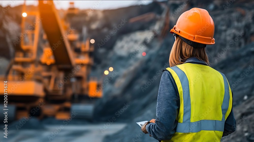 A worker working in a metal mining area with a large mining machine next to him A worker working in a metal mining area with a large mining machine next to him