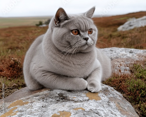 Charming British Shorthair Cat Relaxing on Stone in Scenic Natural Landscape - Perfect Pet Image Capturing Serenity and Elegance Amidst Heather-Dotted Moorland photo