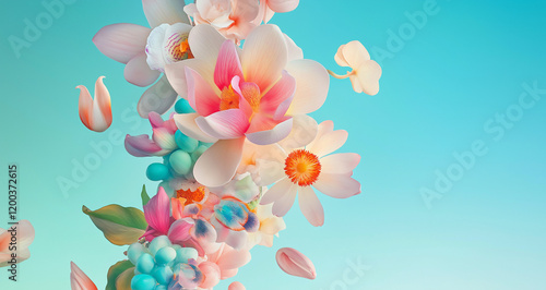 Explosion of pastel spring flowers against a blue sky