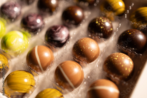 Scatola di cioccolatini assortiti di pasticceria in una scatola bianca photo