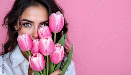 Young woman holding pink tulips in front of her face against a vibrant pink background during a sunny day