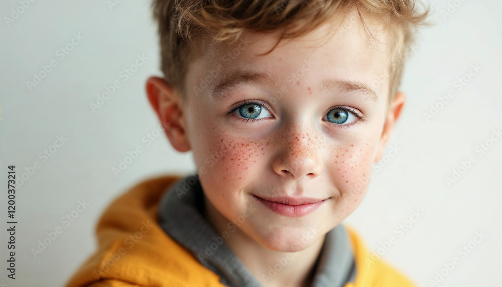 Young boy with curly hair and freckles smiles warmly while wearing a yellow hoodie indoors during daylight Young boy with curly hair and freckles smiles warmly while wearing a yellow hoodie indoors during daylight