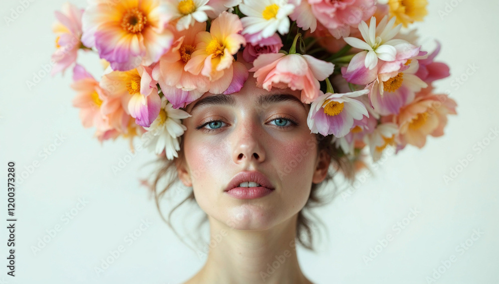 Woman with floral crown poses against a soft background in a serene and artistic setting Woman with floral crown poses against a soft background in a serene and artistic setting