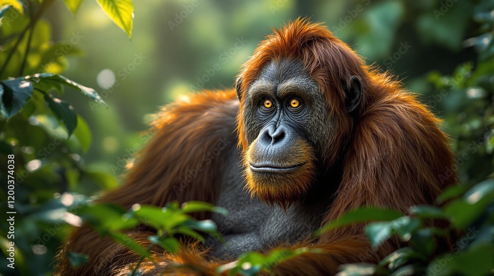 Obraz premium large orangutan sitting in a lush, green forest setting with dense foliage. The orangutan has a calm and contemplative expression, surrounded by the natural beauty of its habitat.