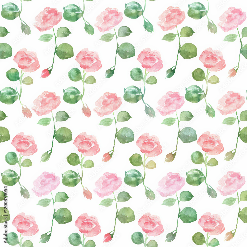Seamless Delicate watercolor pattern of small roses and green leaves Seamless Delicate watercolor pattern of small roses and green leaves