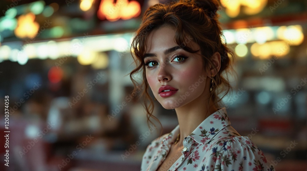 A woman with long brown hair, wearing a white dress with floral patterns, is standing in front of a blurred background with yellow lights, possibly in a restaurant or café setting. A woman with long brown hair, wearing a white dress with floral patterns, is standing in front of a blurred background with yellow lights, possibly in a restaurant or café setting.