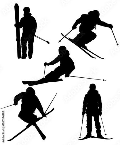 silhouettes of skiers on a white background