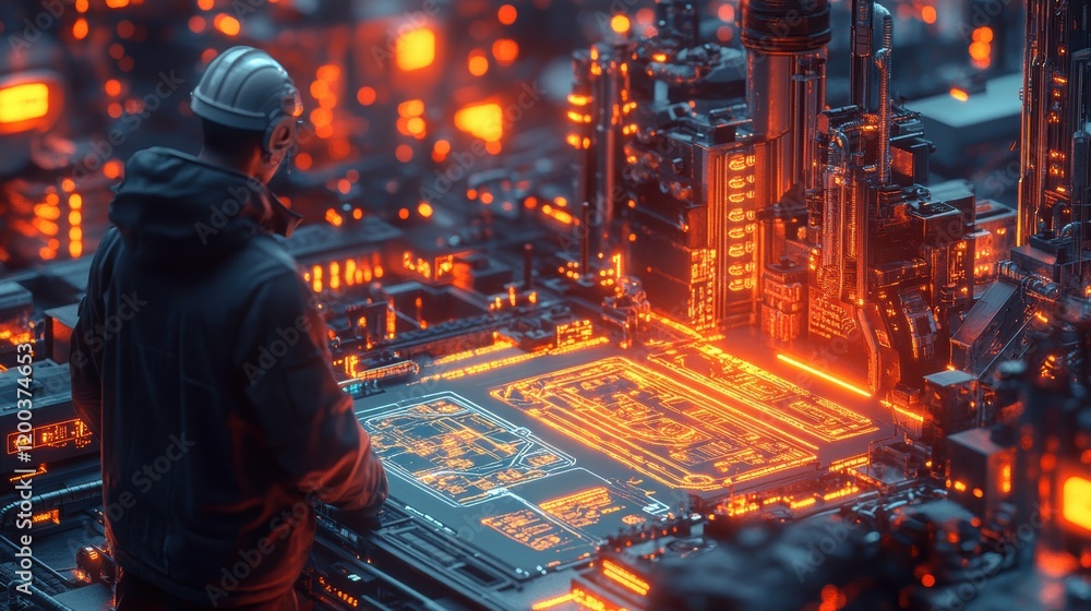 Fototapeta premium Person with a protective helmet analyzing a glowing high-tech circuit board in a futuristic urban setting, surrounded by illuminated advanced technology components