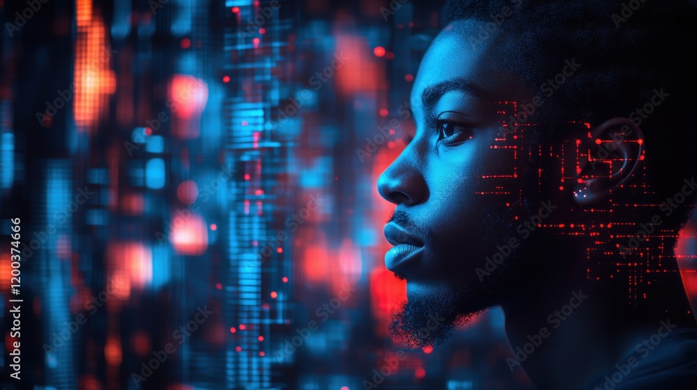 Young man contemplating technology against a backdrop of glowing data visuals in a modern setting Young man contemplating technology against a backdrop of glowing data visuals in a modern setting