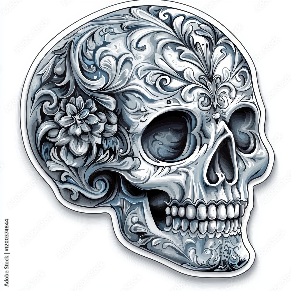 Decorative ornamental skull with intricate floral and swirling patterns in monochrome design Decorative ornamental skull with intricate floral and swirling patterns in monochrome design