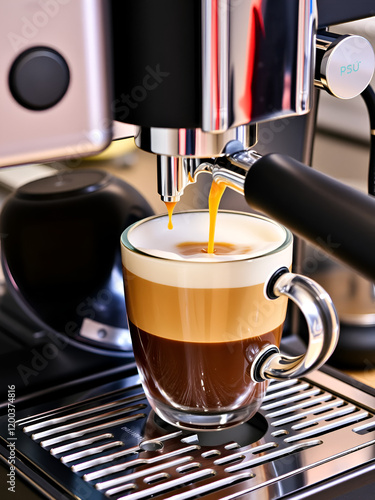 Pouring premium coffee in to a cup and making cappuccino coffee from the machine, overflood the liquid photo