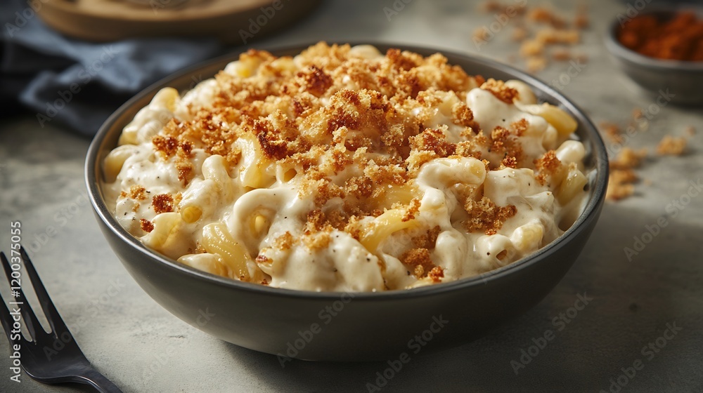 Hearty bowl of mac cheese with creamy cheddar sauce and a crispy breadcrumb topping Hearty bowl of mac cheese with creamy cheddar sauce and a crispy breadcrumb topping