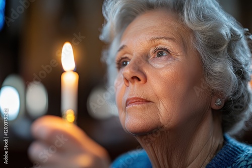 An elderly woman gazes thoughtfully at a lit candle, symbolizing hope and remembrance in a tranquil setting filled with soft, diffused lighting from the background. photo