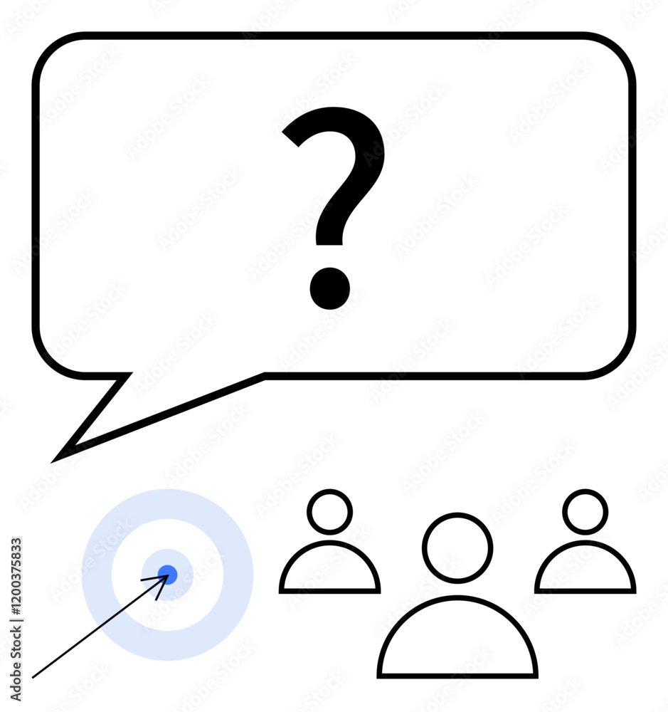 Question mark in speech bubble above a target and group of three people. Ideal for brainstorming, decision-making, communication, strategy, teamwork, leadership, abstract line flat metaphor Question mark in speech bubble above a target and group of three people. Ideal for brainstorming, decision-making, communication, strategy, teamwork, leadership, abstract line flat metaphor