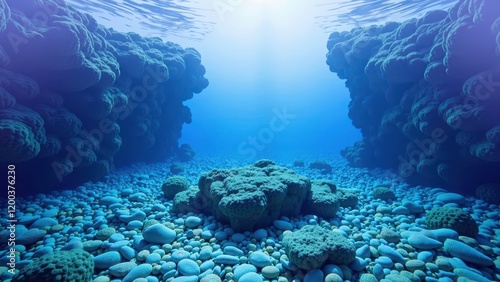 Vibrant turquoise coral formations dominate the sea floor, flanked by majestic coral reefs that sway with the ocean's rhythm. Underwater life teems around this kaleidoscope of colors, creating a seren photo