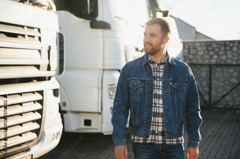 Portrait of young bearded trucker standing by his truck vehicle. Transportation service. Truck driver job Portrait of young bearded trucker standing by his truck vehicle. Transportation service. Truck driver job