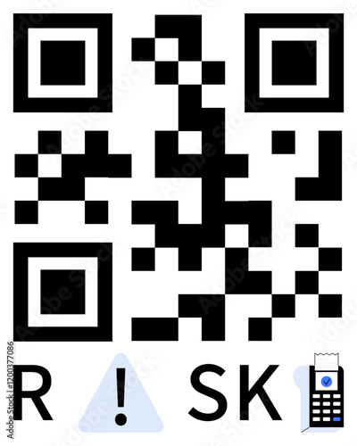 QR code combined with exclamation mark triangle, letters R and SK with a receipt-thumbs up icon. Ideal for cybersecurity, financial risk, safety warnings, tech education, digital information, data