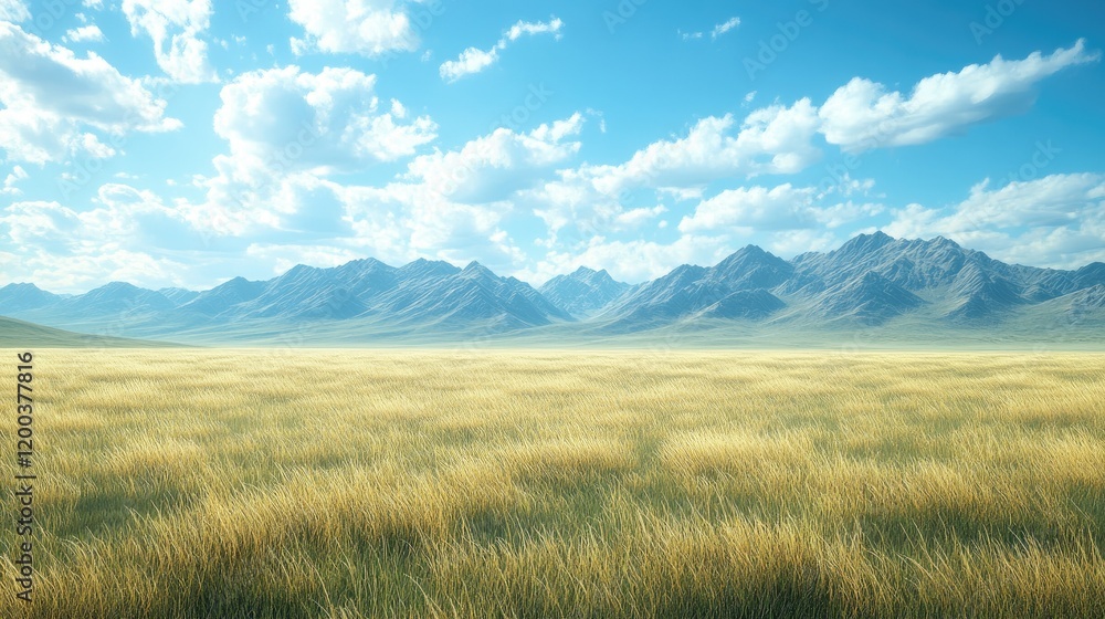 Obraz premium Serene Golden Grasslands and Majestic Mountains Under a Sunny Sky