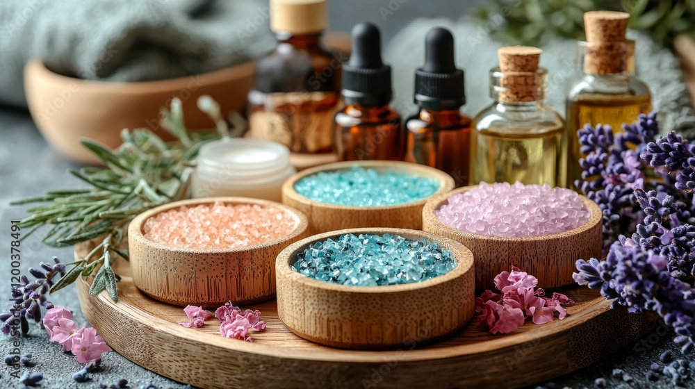 An arrangement of spa products such as scrubs, lotions, and essential oils, on a wooden tray, spa background An arrangement of spa products such as scrubs, lotions, and essential oils, on a wooden tray, spa background