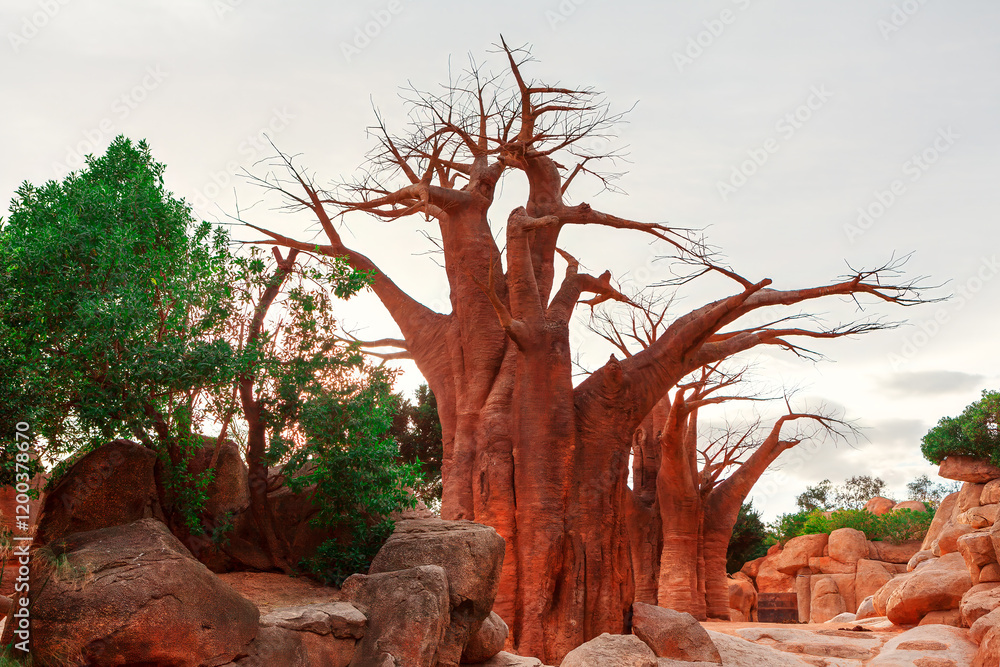 Group of large baobab trees with thick trunks and sparse branches, set among rocks. Natural scene with the unique and ancient appearance of the baobab trees relevant for those studying botany